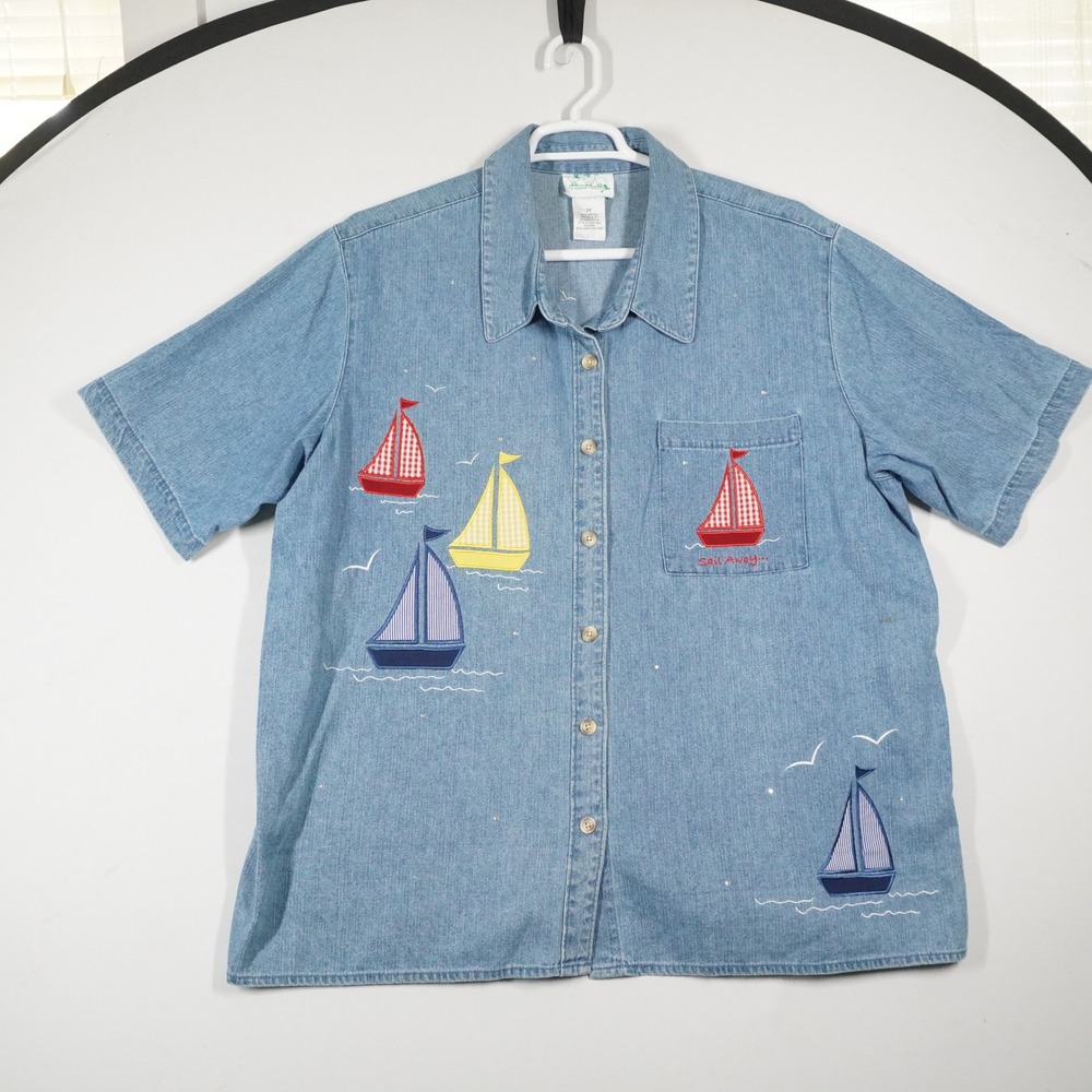 VTG Quacker Factory Denim Shirt 2X Blue Sailboat Embroid Coastal Granny Nautical
